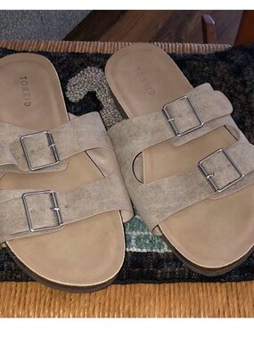 torrid Double Buckle Suede Slide Sandals in Taupe 9ww
